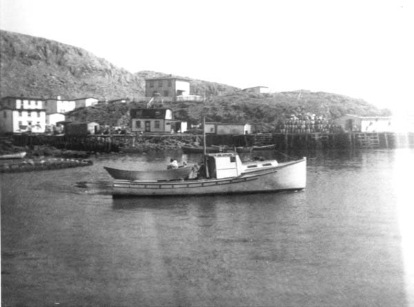 034: Longliner in Red Island harbour. House front-left is Mike Reddy's;  houses in back are Denis McCarthy's (left) and J V McCarthy's (2nd left);  front center is Leo Whelan's; center above is Frank Ryan's. [courtesy of Rita (Ennis) Clowe]